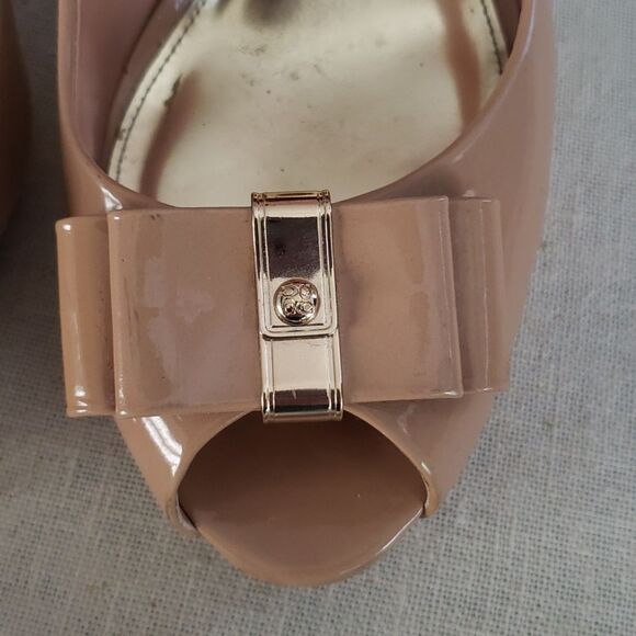 Coach Shoe Womens 9 Starla Nude Bow Peep Toe Platform Patent Leather Pumps - Picture 9 of 10